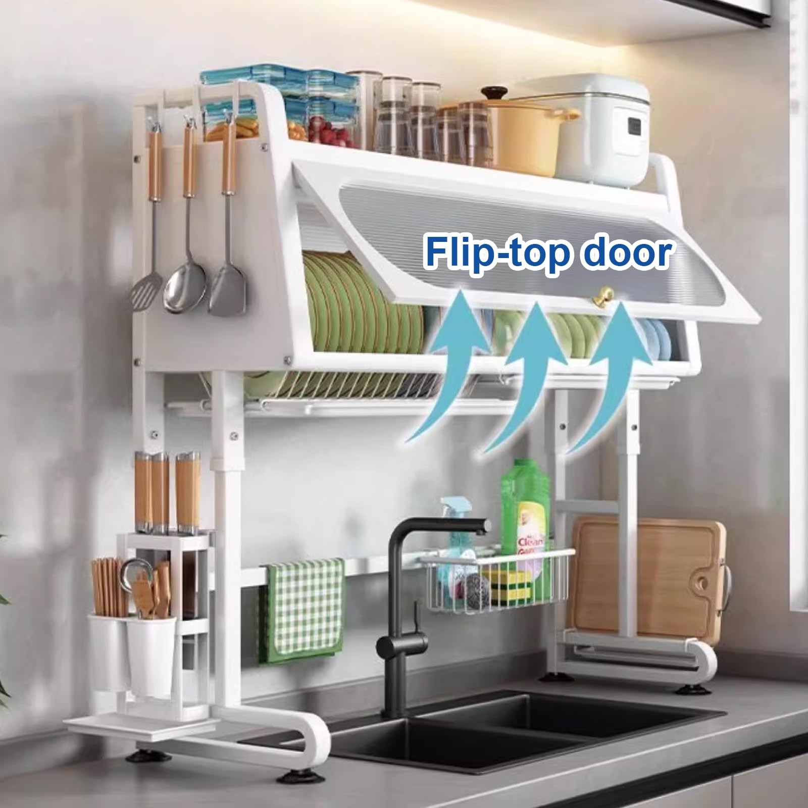 Estante ajustable de 2 niveles sobre el fregadero, plegable, almacenamiento para platos, vasos, cuencos y cubiertos, ahorro de espacio, cocina, diseño duradero y elegante