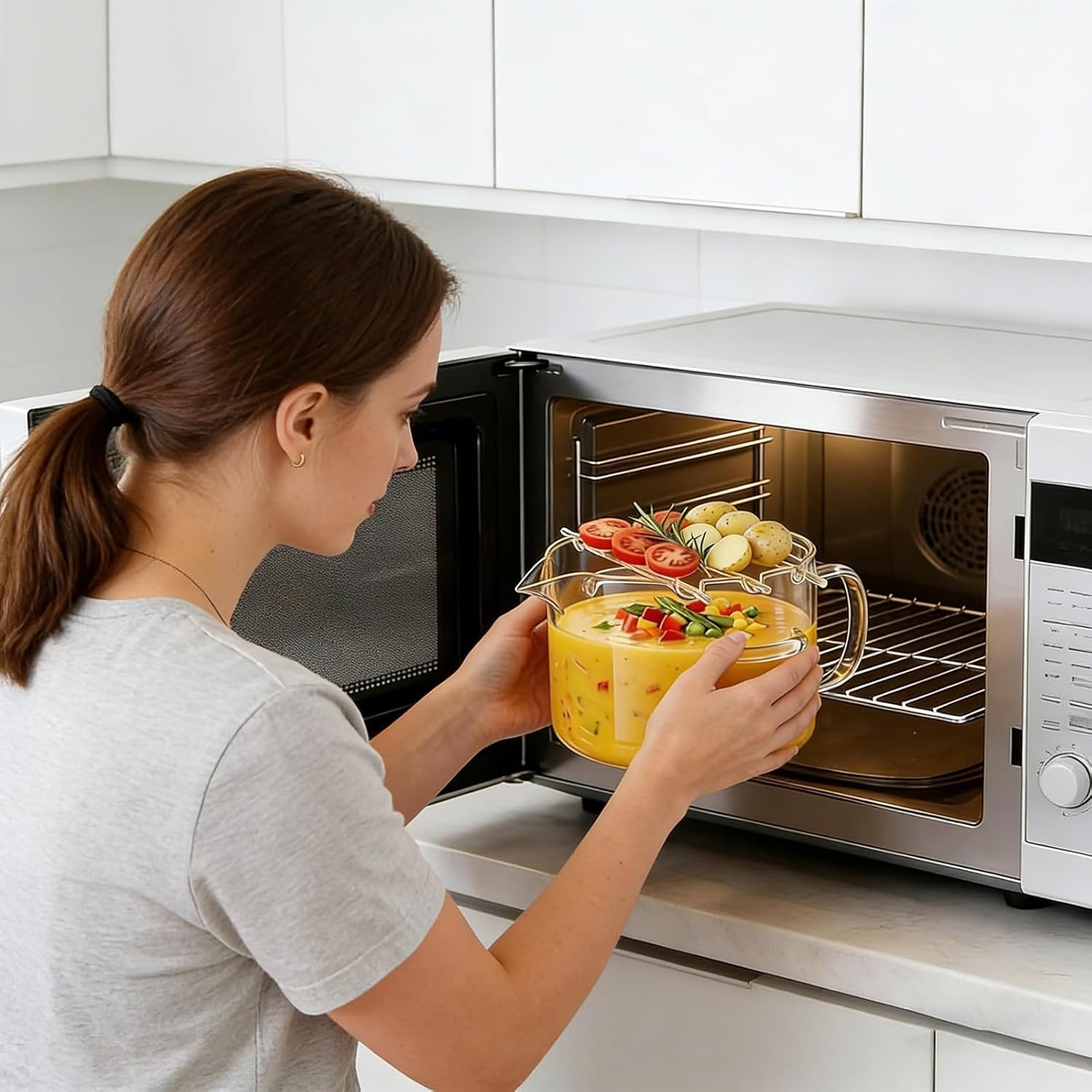 2026 Upgrade Glass Microwave Bacon Cooker with Grease Rack, Non-Stick Heat Resistant Glass Bacon Grill Pot for Home Cooking, Easy Clean