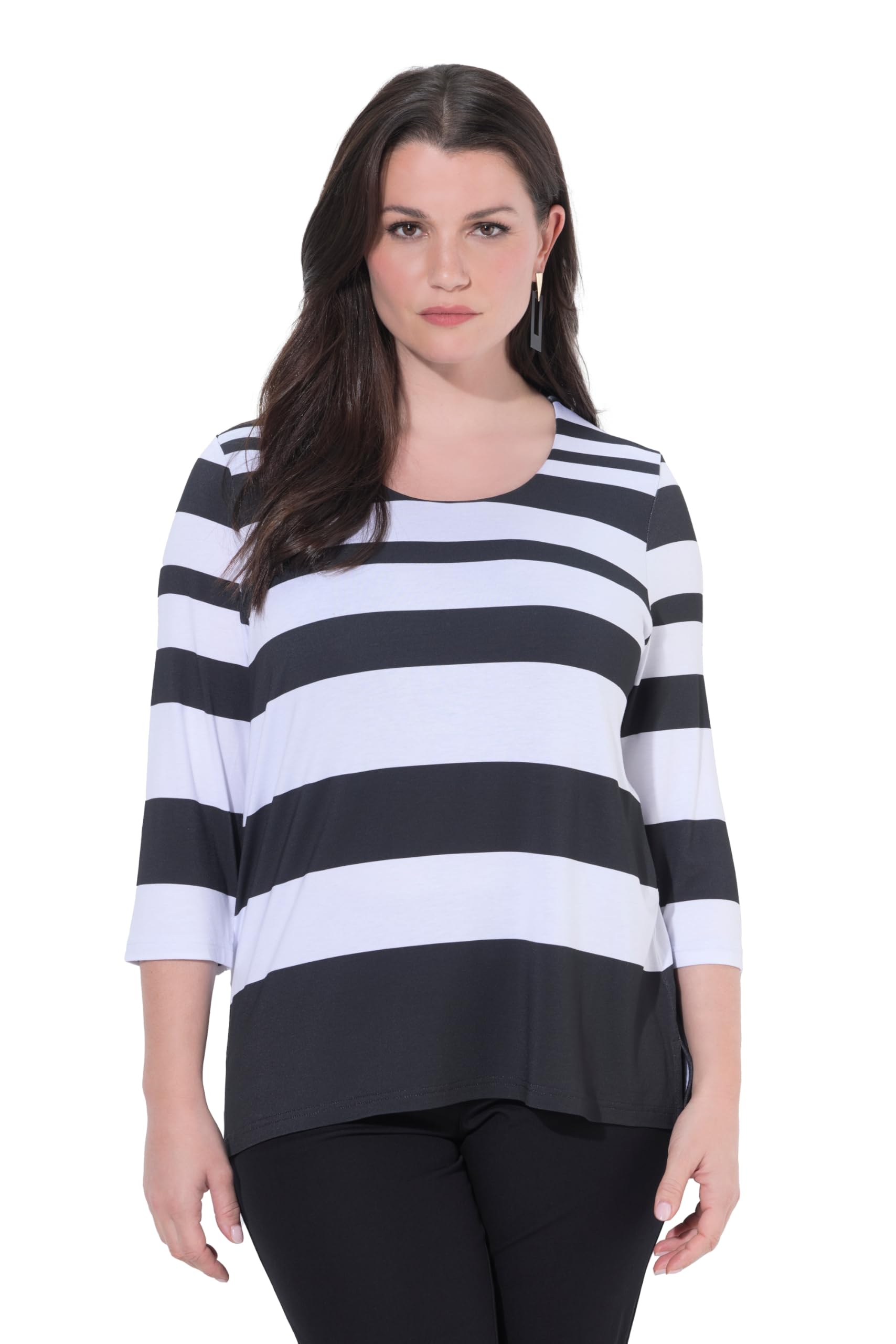 Ulla Popken Damen große Größen Übergrößen Plus Size Shirt, Streifen, vorne doppellagig, Rundhals, 3/4Arm 847969