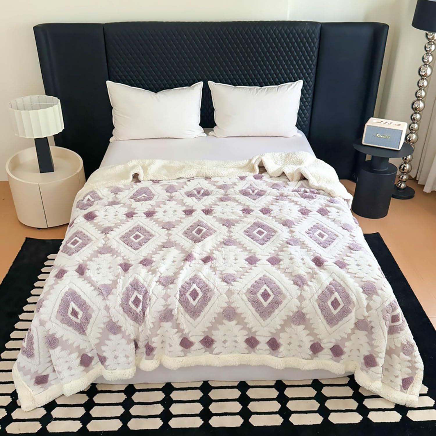 LEVINIS Boho Sherpa Throw Blanket 60'' × 80'', Sherpa Fleece Blankets for All Season, Southwestern Aztec Blanket for Bed/Couch/Sofa/Office/Camping, Purple - Image 2