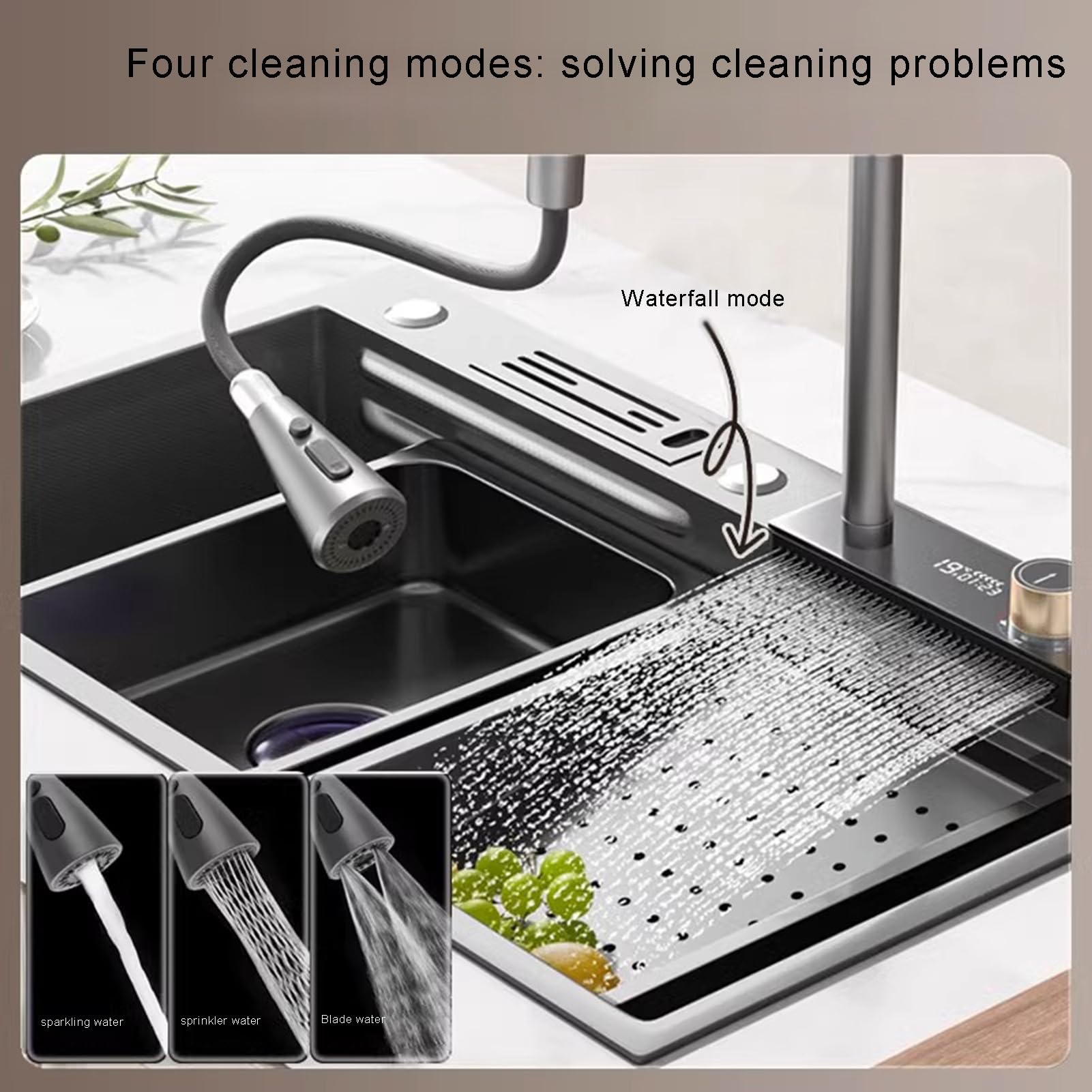 Lavello da cucina, 304 in acciaio inox fatto a mano a nido d'ape in rilievo lavastoviglie, controllo da tavolo volare cascata lavello pioggia. (Color : Black, S : 80 * 45 * 22cm)