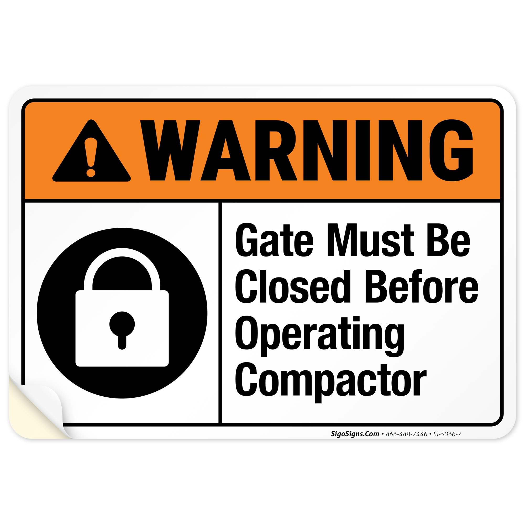 Gate Must Be Closed Before Operating Compactor Sign, ANSI Warning Sign, 10x7 Inches, 4 Mil Vinyl Decal Stickers Weather Resistant UV Protected, Made