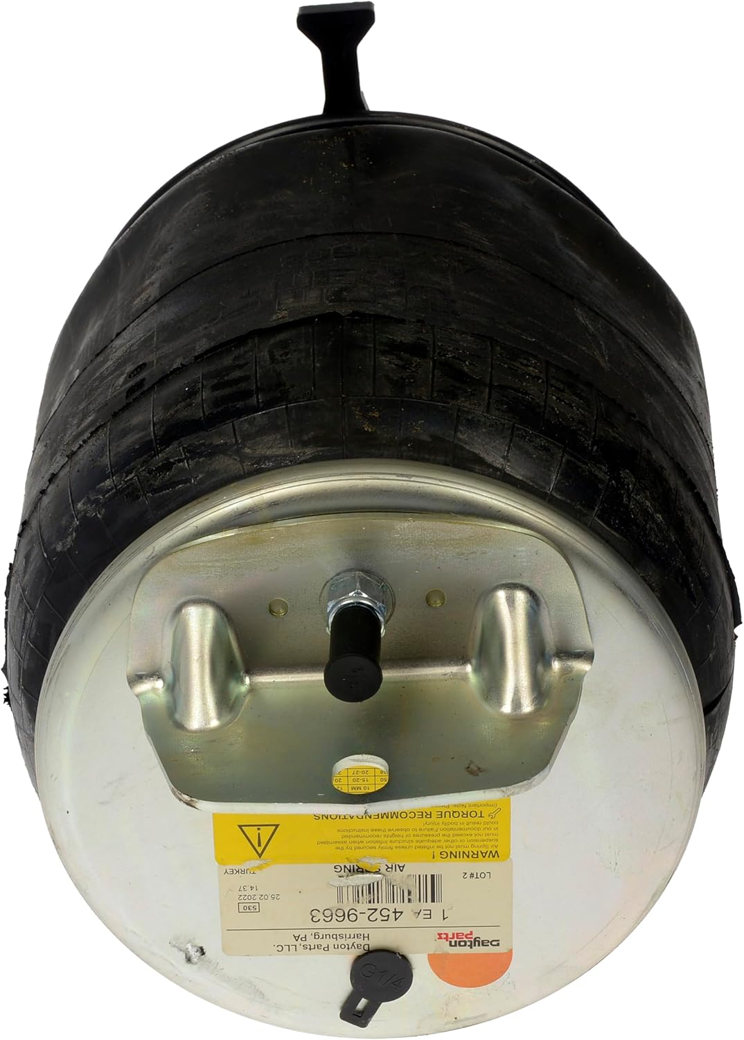 Dayton Parts 452-9663L Air Spring, Rolling Lobe, Composite Piston, 13.98" Static Height, 9" Top Plate Diameter, 10" Piston Diameter, One Stud One Hole w/Bracket Top Plate one Stud Piston