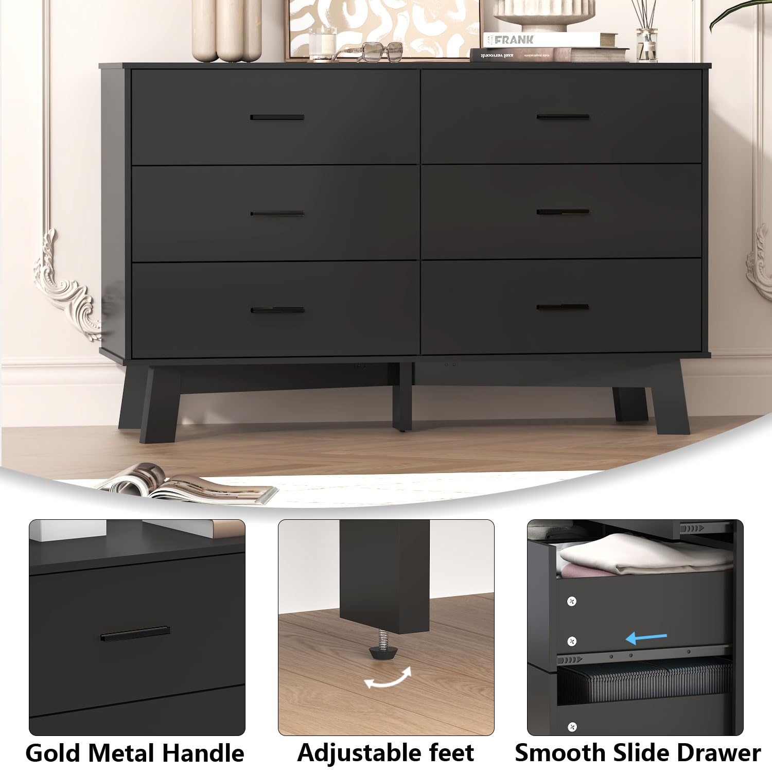 Wodeer Black Dresser 6 Drawer Dresser for Bedroom, Modern Wood Chest of Drawers with Legs, Metal Handles, TV Stand and Storage Cabinet for Living Room, Hallway, Nursery, Closet : Home &