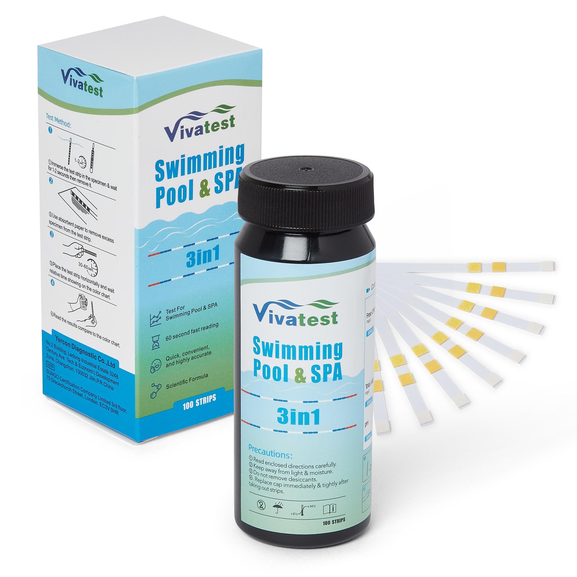 VivaTest Hot Tub Test Strips and Pool Test Strips, 100 Pack 3-in-1 Water Testing Kit for Free Chlorine, pH and Total Alkalinity, Swimming Pools and Spas