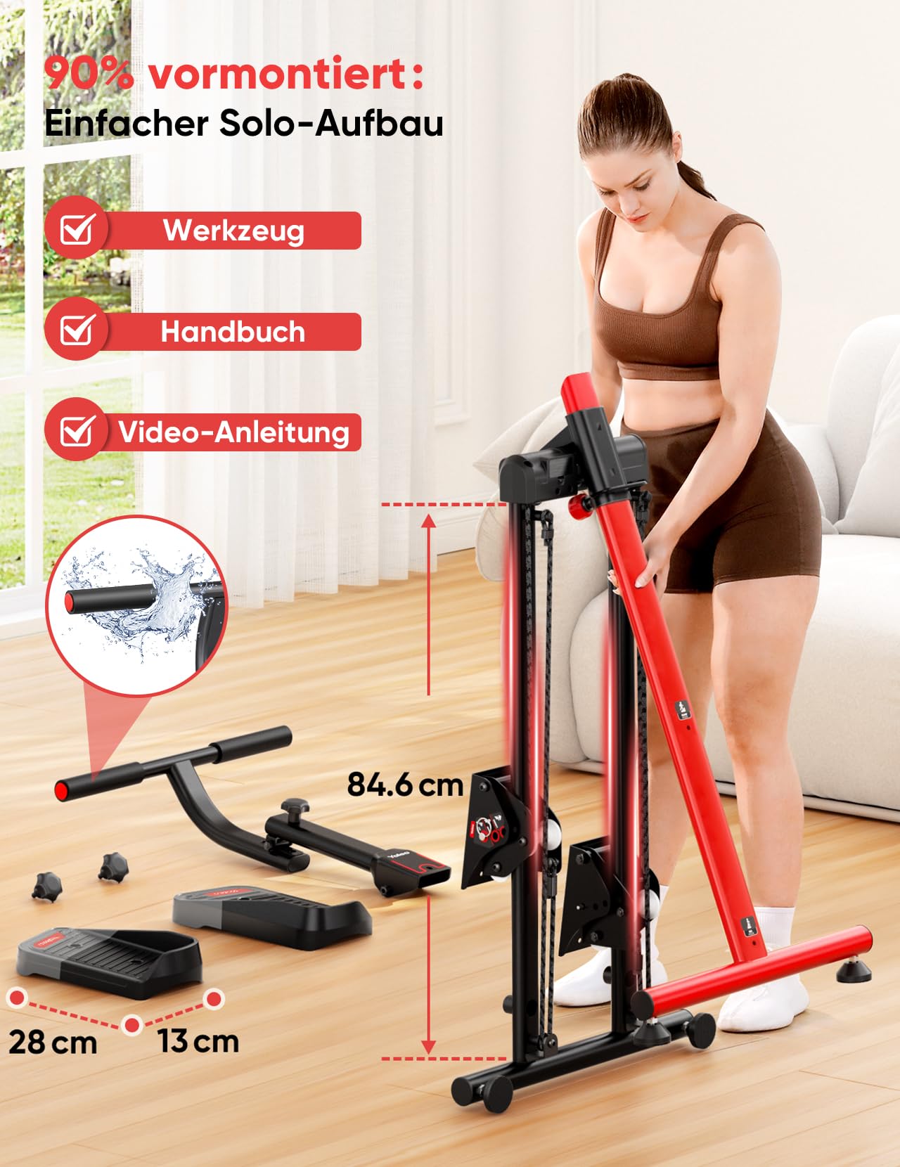Treppenstepper Trainingsgerät, Verstellbarer Treppensteiger mit 3 Workout-Modi, klappbarer Cardio-Stairmaster mit Ski-Modus & übergroßem Pedal, 90% vormontierter Treppensteiger mit Lenker