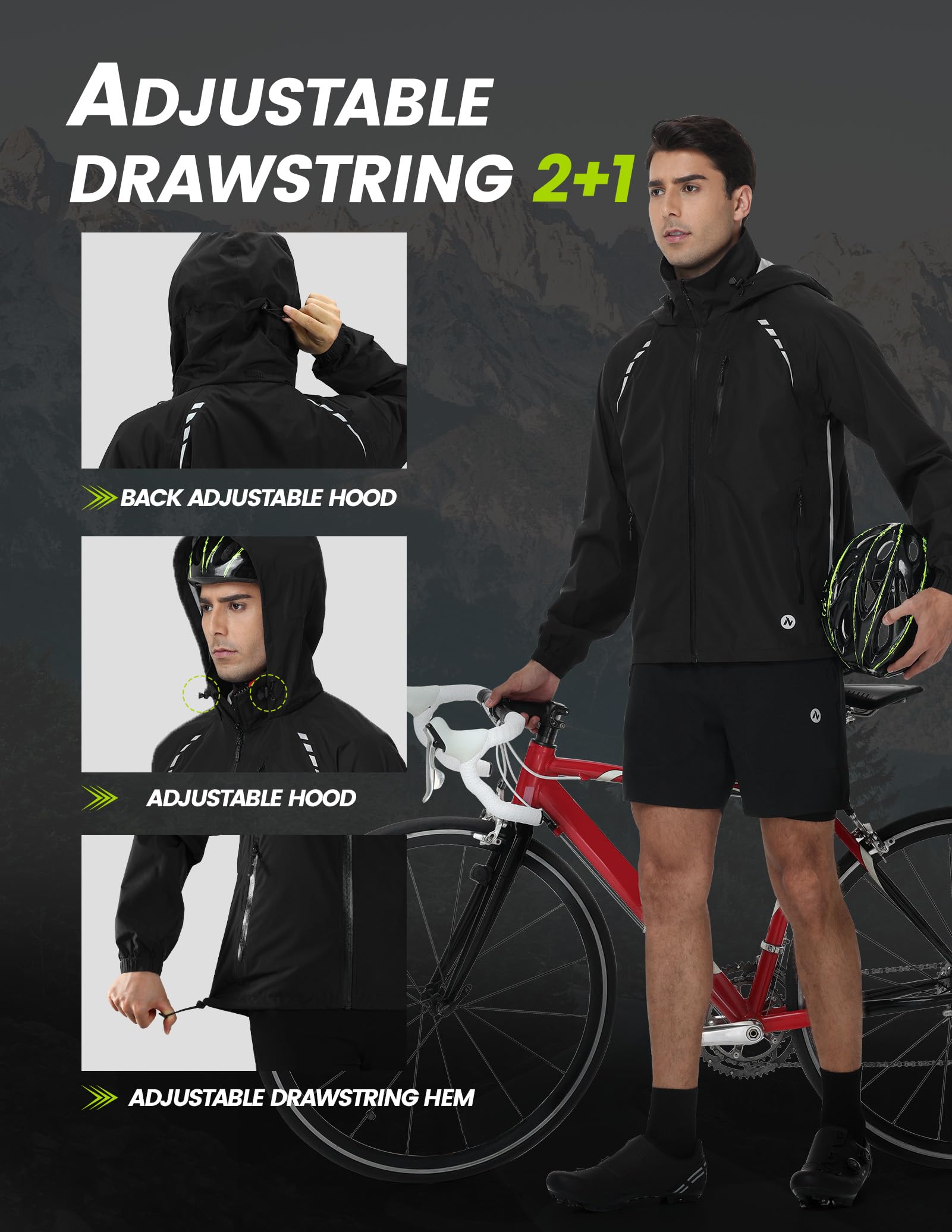 Nepest Chaqueta de ciclismo impermeable para hombre, protección contra la lluvia 10K H2O + transpirabilidad 5K, 6 bolsillos, reflectante, UPF50+, abrigo resistente al viento para MTB Running