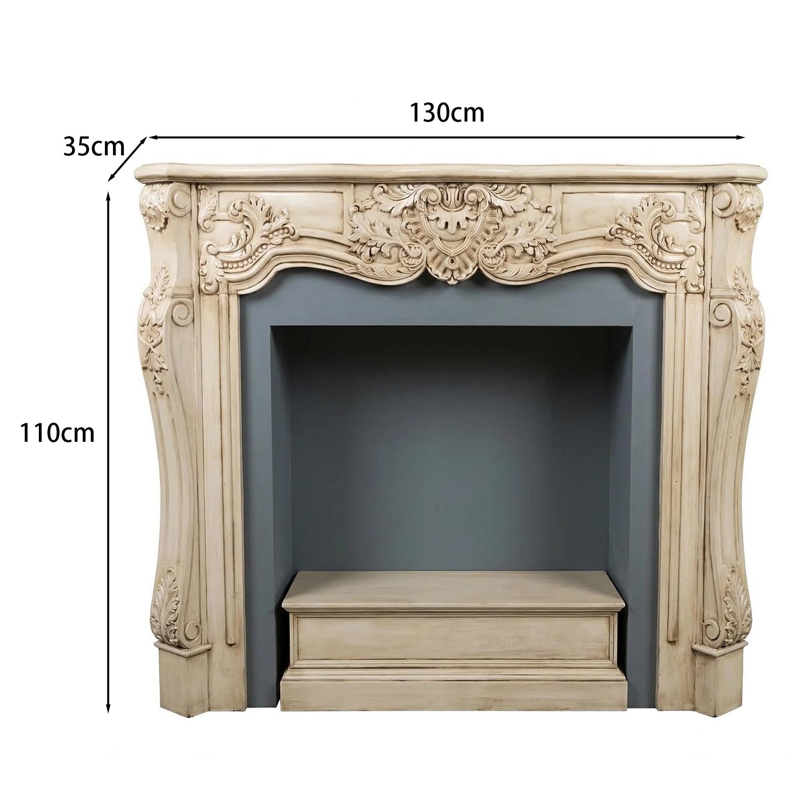 Cornice per caminetto Cornice for caminetto in Legno di Betulla con Cornice Decorata in Stile rococò Beige Invecchiato