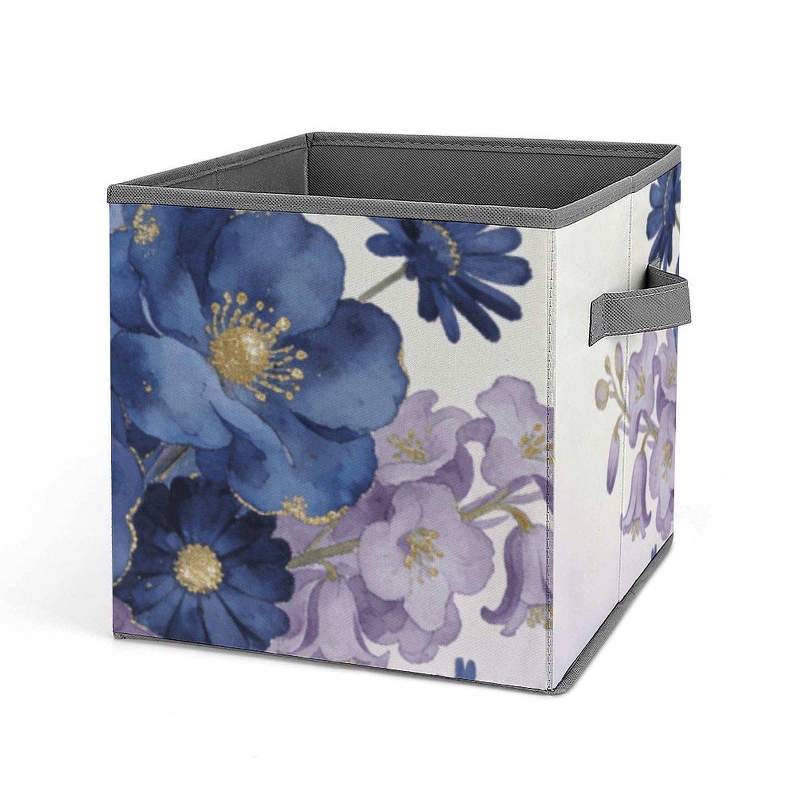 Navy Bloom Mix Storage Baskets Collapsible, Exquisite Pattern Cube Box, Canvas Fabric Storage Bins with Handles, Clothe Organizer Box for Home Decorative Office Bedroom