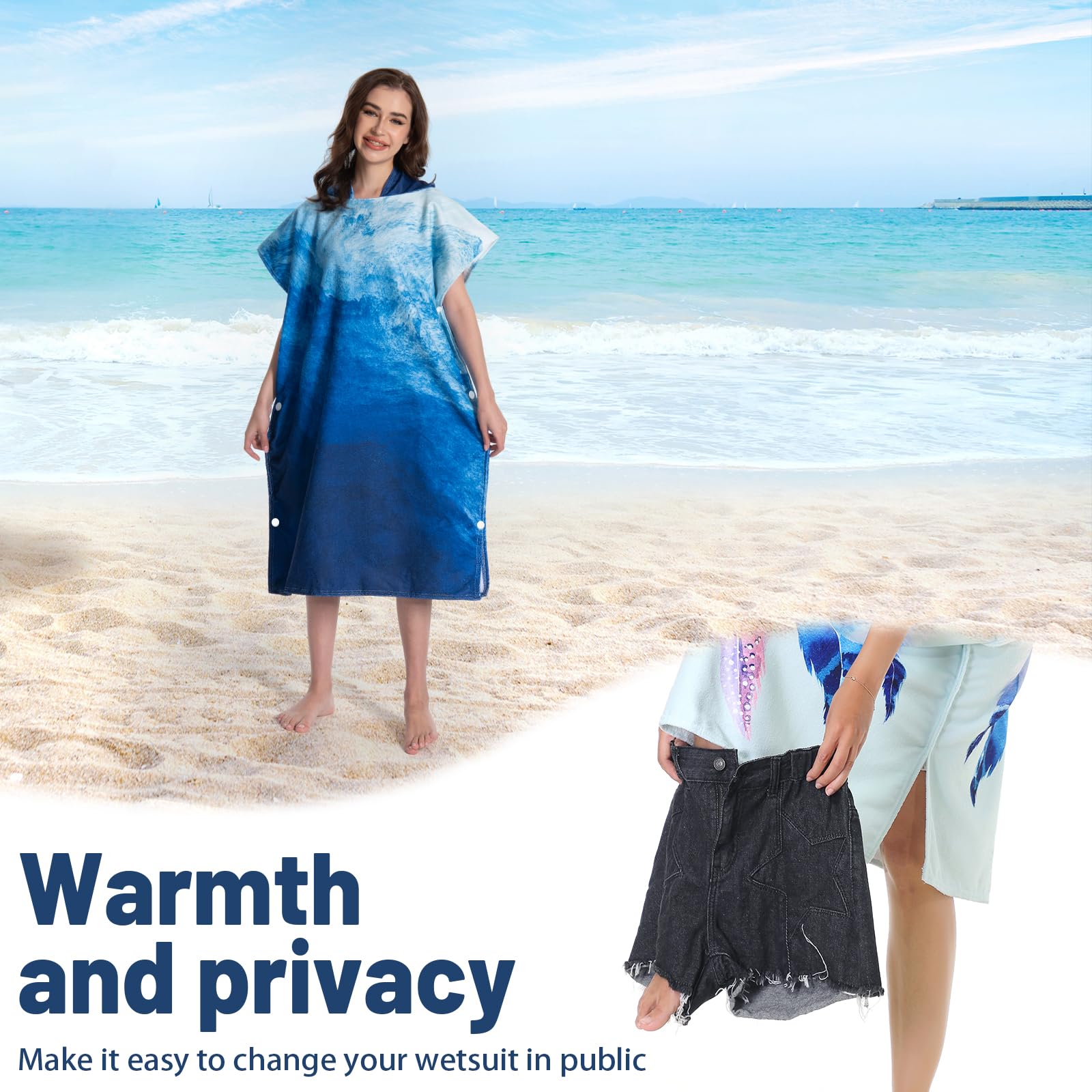 MOKANI Bata Cambiadora, Poncho de Toalla con Capucha para Piscina, Playa, Surf, Poncho de Toalla Rápido de Secar y Ligero para Adultos, Mujeres y Hombres (con Botones, 108L x 82W CM)