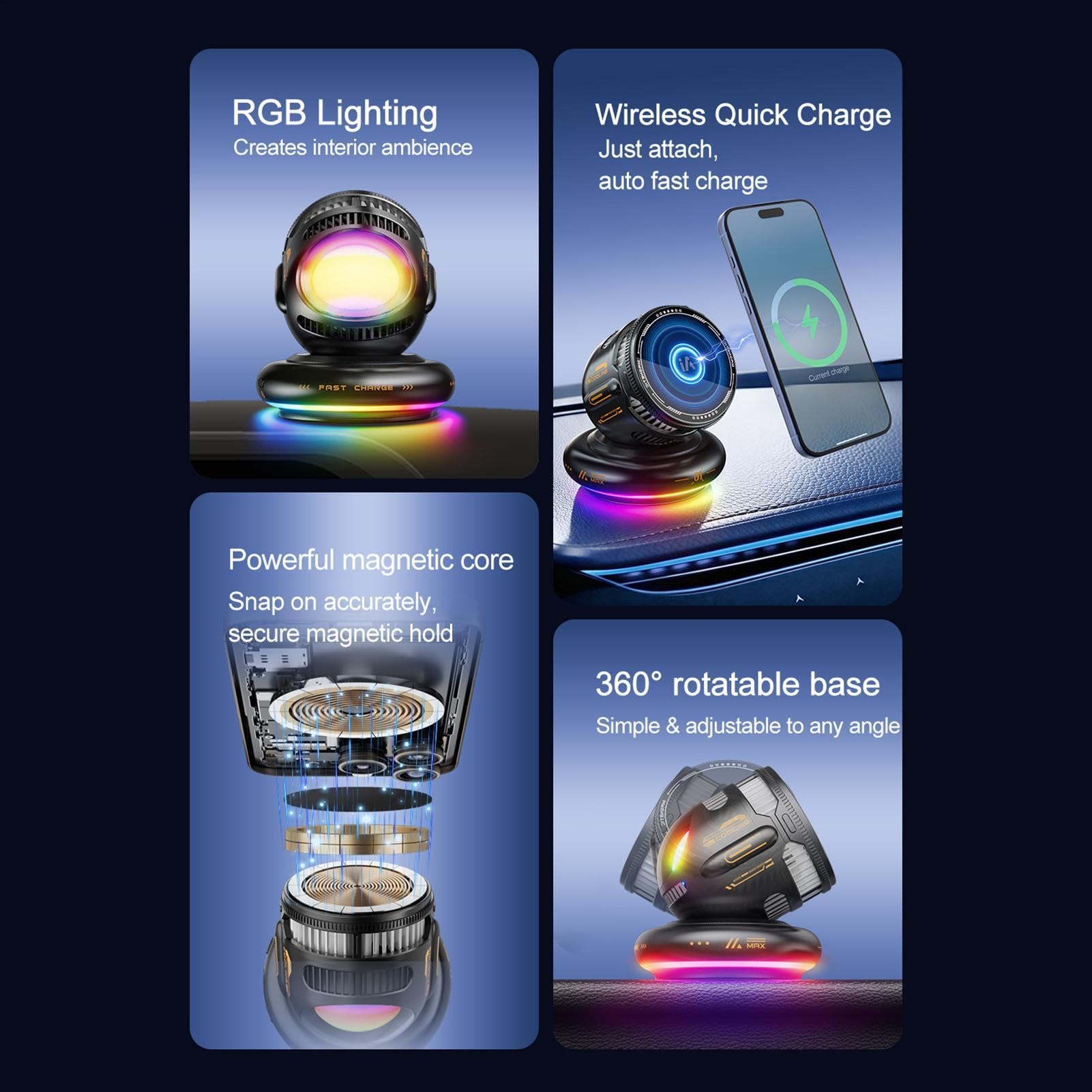 Soporte Magnético Para Teléfono De Coche Giratorio 360° carga rápida con | Cargador de móvil y soporte magnético para coche Compatible con SUV, RV, sedán, hogar y