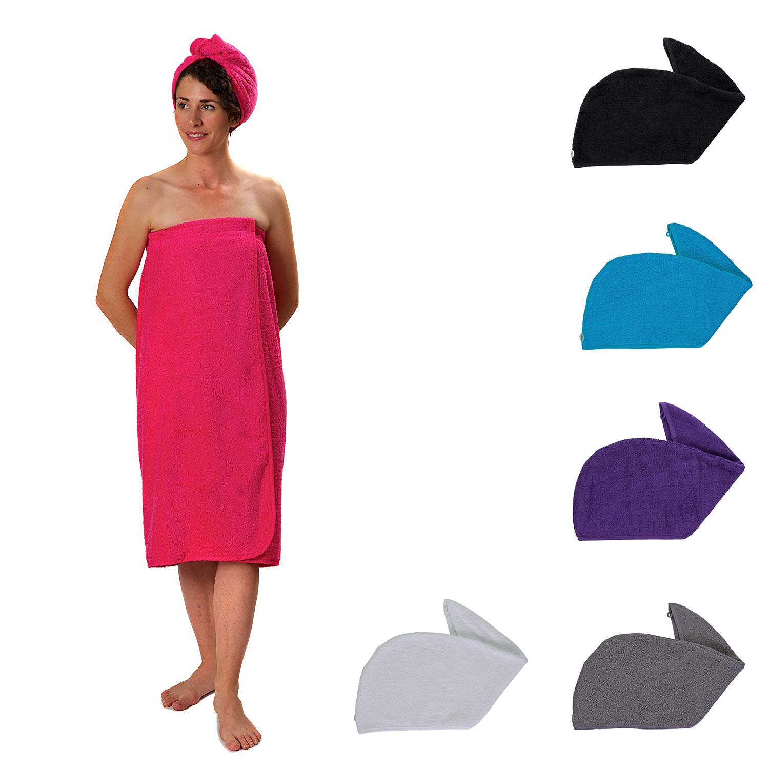 aztex Spa Days Sarong Set - Egyptian Cotton Elasticated Sarong with Matching Hair Turban Towel in Pink