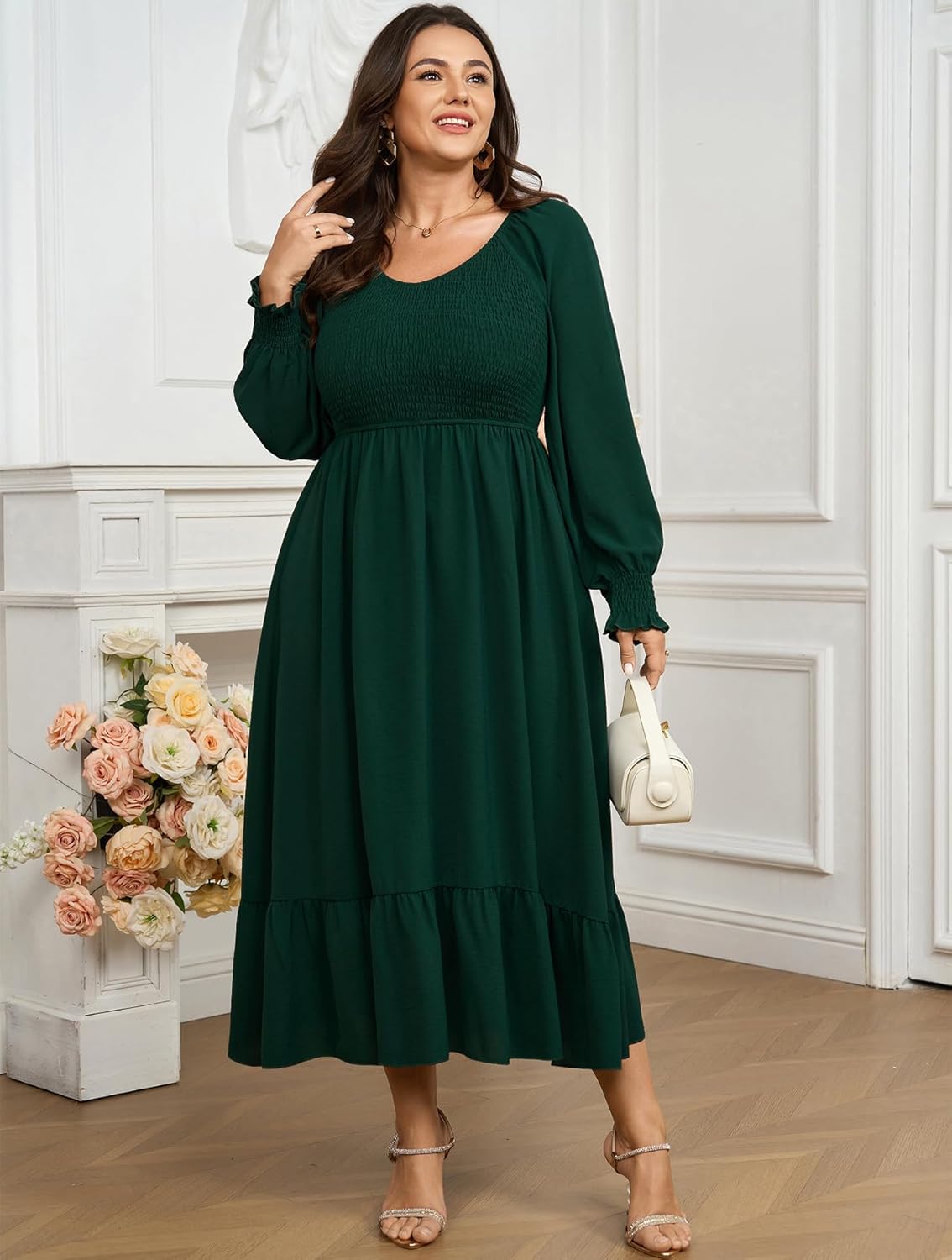 SCOMCHIC Women's Plus Size Maxi Dress Long Sleeve Square Neck Dress Casual Smocked Ruffle Swing Flowy Long Fall Dresses - Image 4