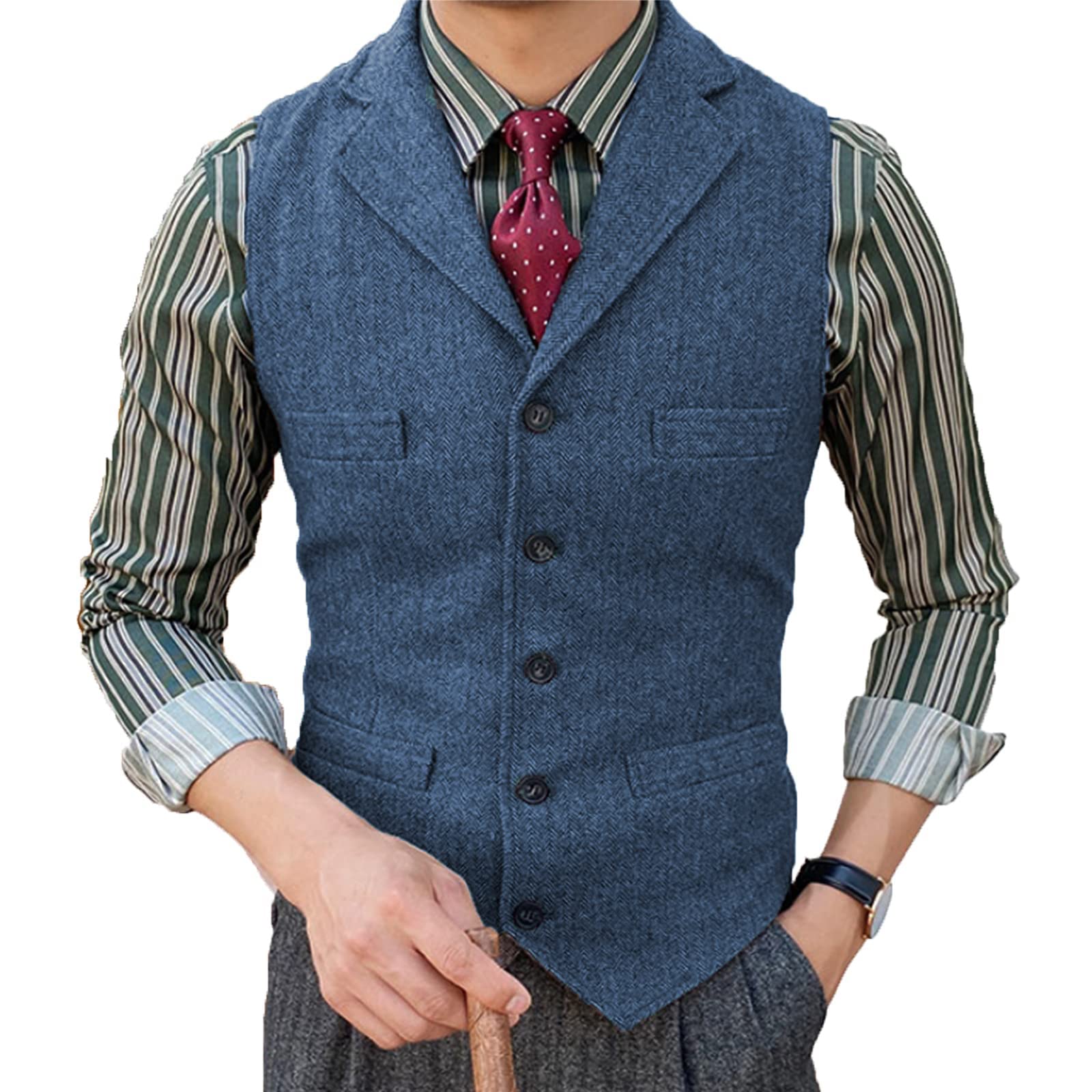 TuikayooMen's Tweed Suit Vintage Vest Herringbone Wool Prom Waistcoat Groomsmen