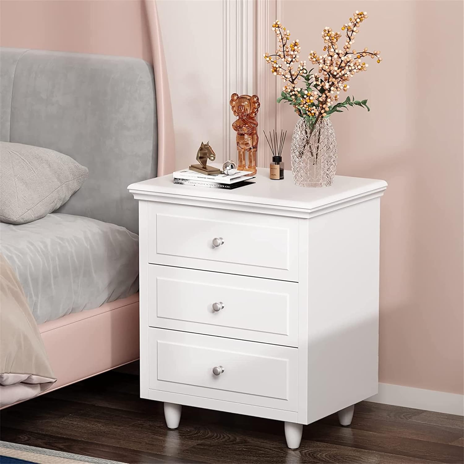 3-Drawer Nightstand, White Bedside Table Cabinet Side Table Bedroom End Table with Wooden Legs and Metal Handle for Living Room, Office, Entryway, Bedroom Furniture