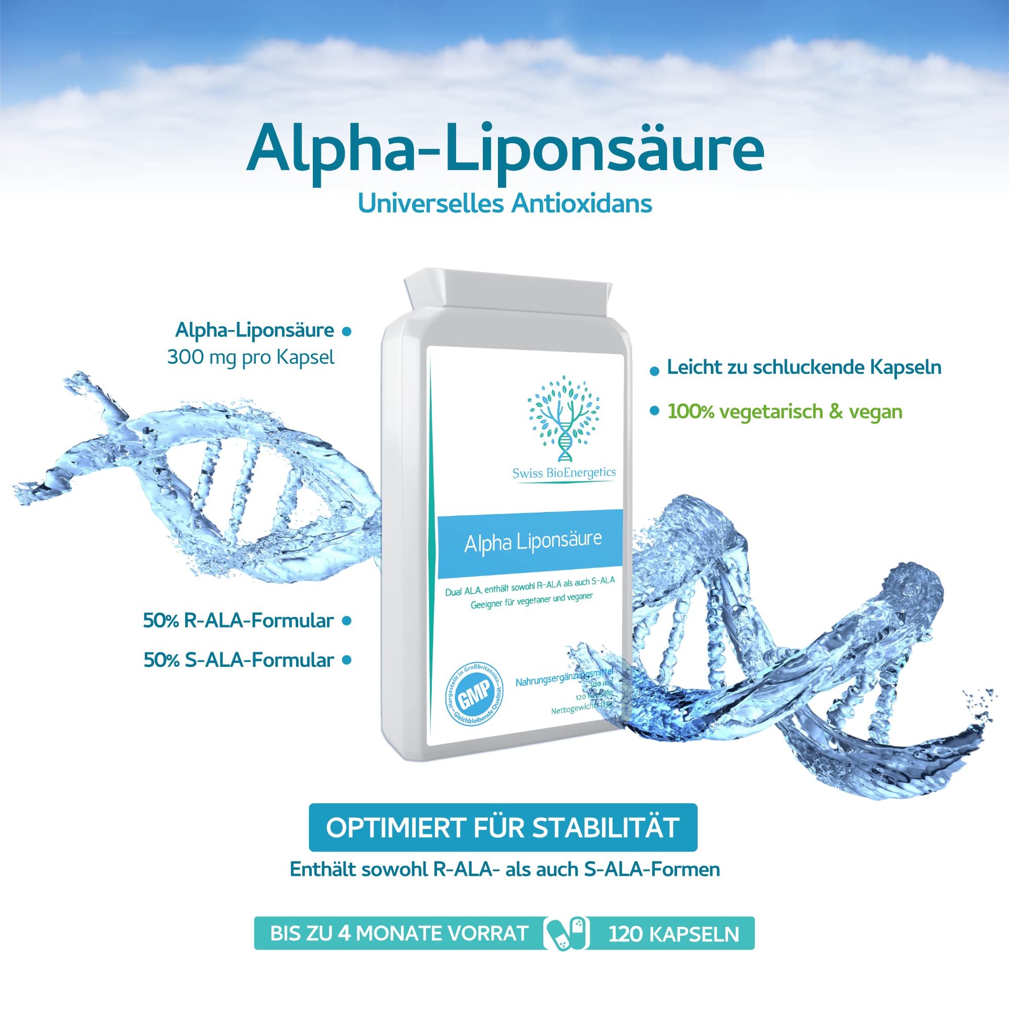 Alpha-Liponsäure 300mg, 120 Kapseln, Dual ALA (sowohl R-ALA als auch S-ALA), hergestellt in Großbritannien.