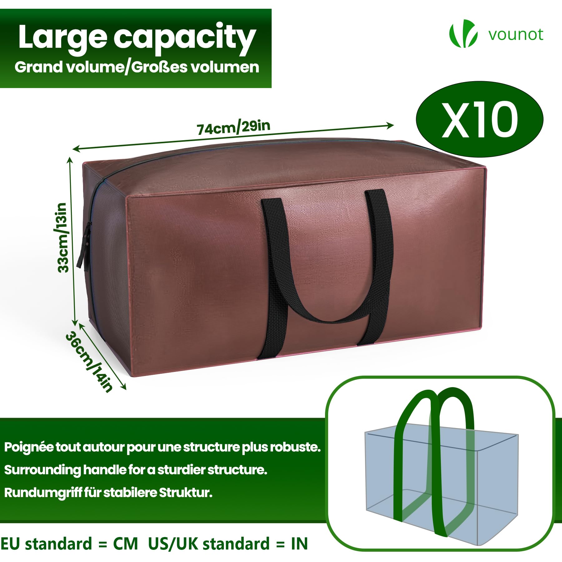 VOUNOT® Pack de 10 Bolsas de Mudanza Grandes con Asas y Correas de Mochila, Bolsas de Almacenamiento Resistentes para Guardar Ropa y Embalar, Marrón