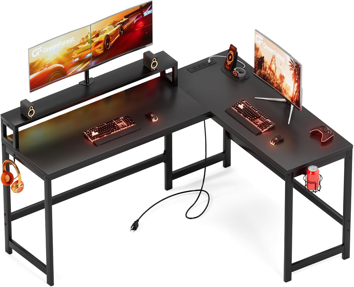GreenForest L Shaped Gaming Desk with Power Outlets, Kuwait Ubuy
