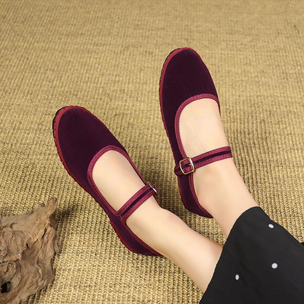 Velvet Mary Janes Shoes for Women Red Ballet Flats with Strap HandStitch Womens Cloth Comfort Shoes Dressy Casual