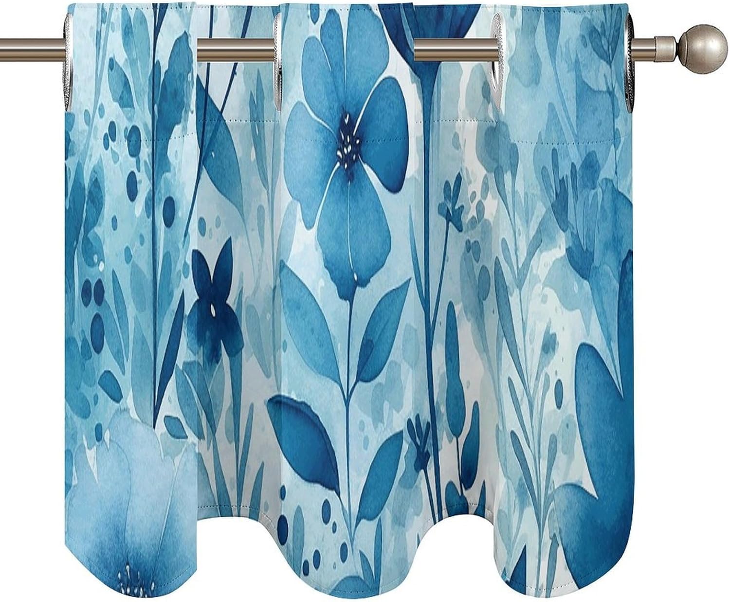 Blue Hand Drawn Flowers Valance for Windows, 2 Pack Kitchen Curtains Modern Home Decor, Soft Blackout Window Curtains for Living Room & Bedroom, 18 X 52 Inch