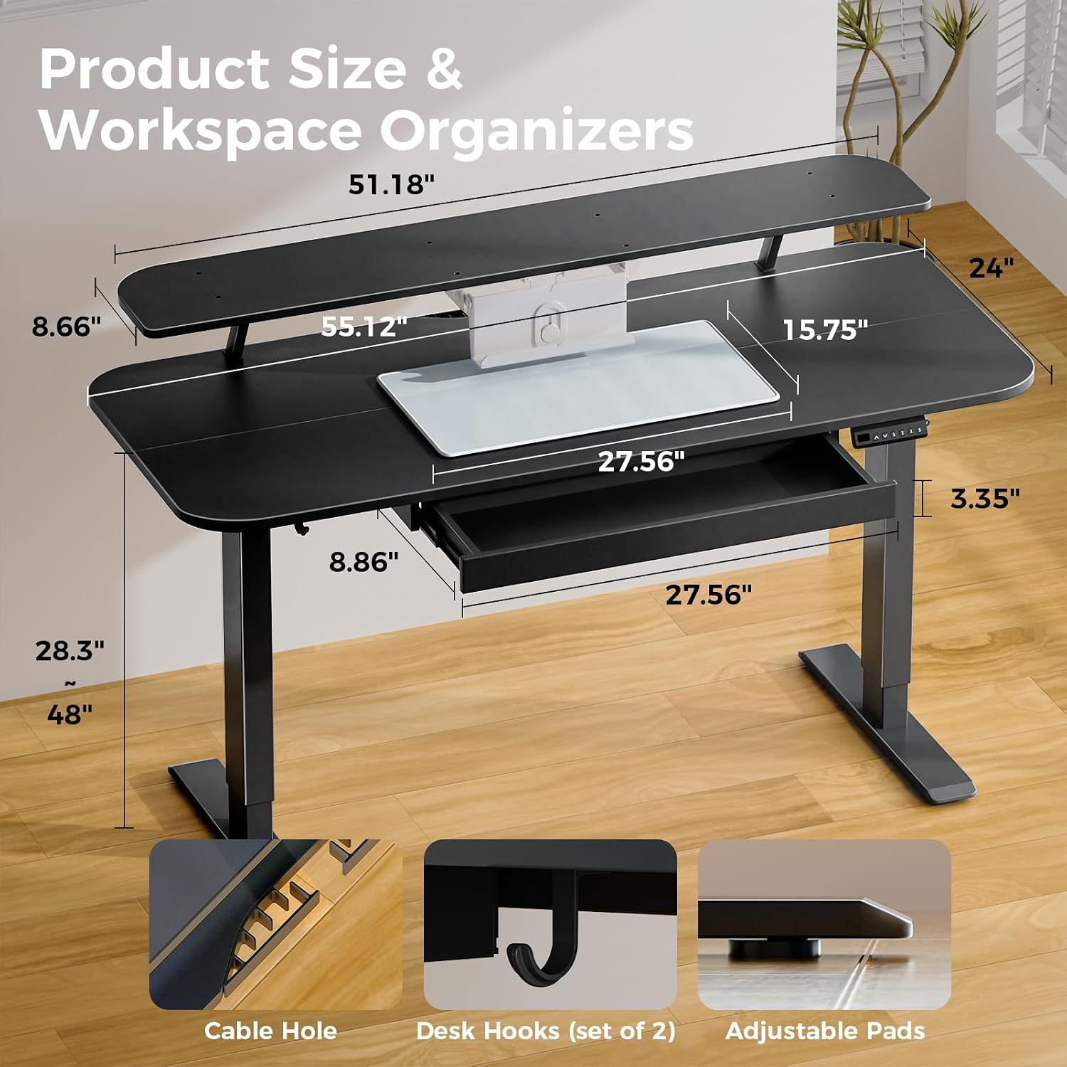 COMHOMA Electric Standing Desk with Drawers, 55 x 24 Inch Sit Stand up Desk with Monitor Stand, Laptop Stand, Height Adjustable Home Office Computer Desks with Memory Preset Controller (Ebony Black) - 2