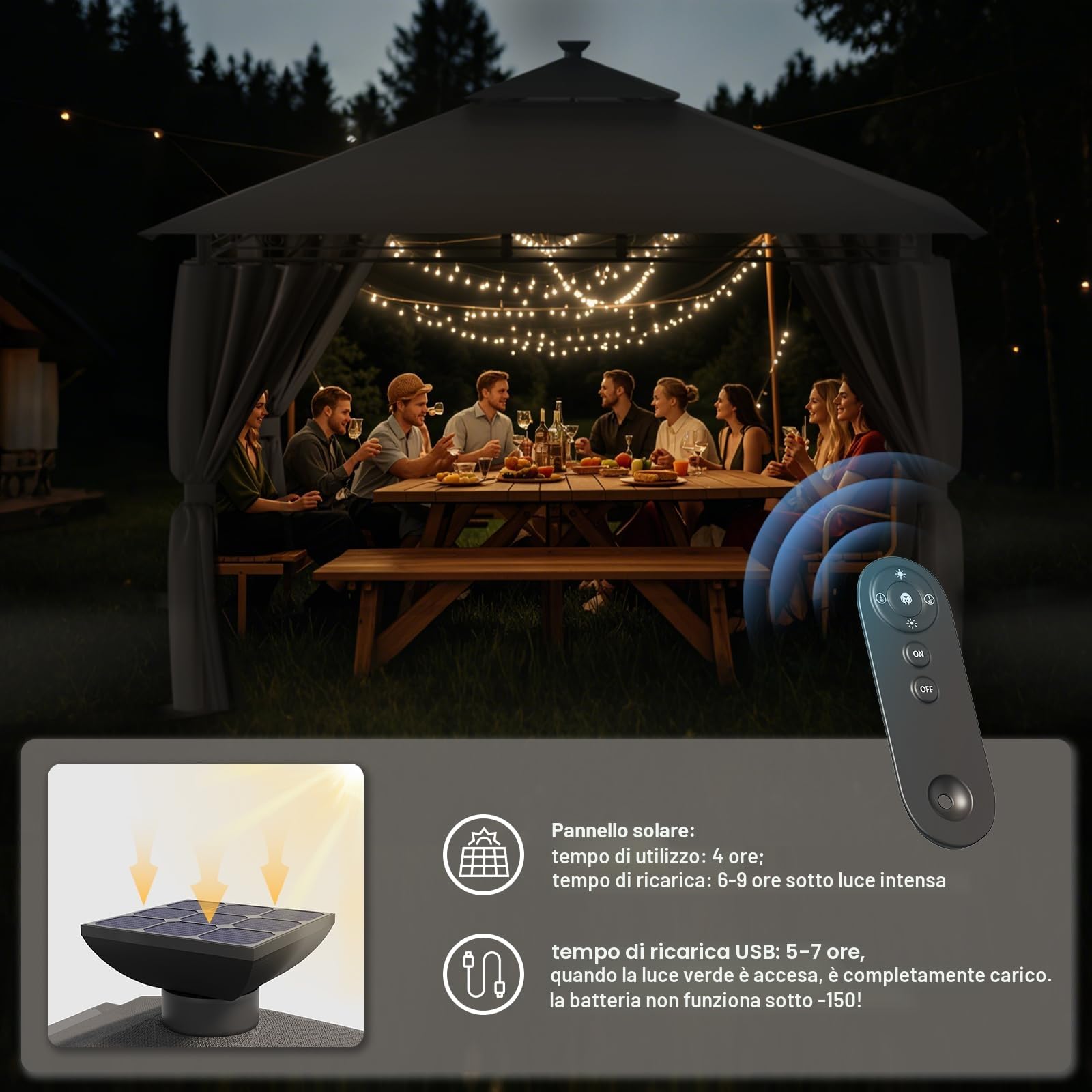 Devoko Gazebo 3x3m con Luce LED Impermeabile UV50+ Doppio Tetto Tenda da Giardino per Famiglie Grigio