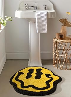Estmy Trippy Happy Face 2ft Round Bathroom Rugs Yellow Black Non Slip Rubber Backed Washable Groovy Aesthetic Abstract