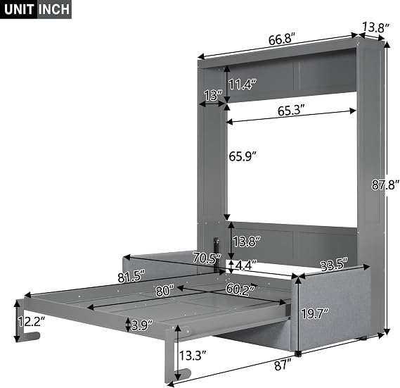 Queen Size Murphy Bed, Wall Bed with Sofa, Muti-Functional Designed for Guest Room Home Office (Gray, Queen)