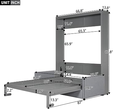 Queen Size Murphy Bed, Wall Bed with Sofa, Muti-Functional Designed for Guest Room Home Office (Gray, Queen)