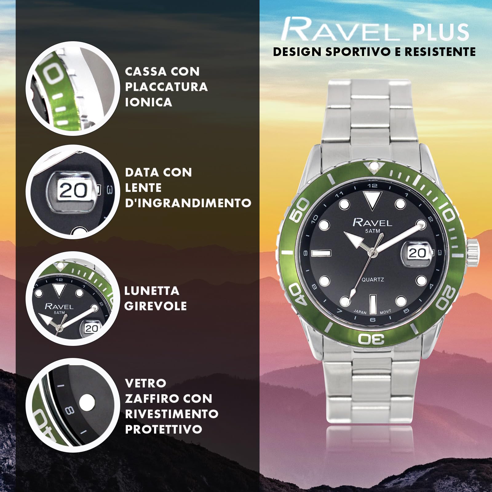 Ravel Plus - Orologio da Uomo Rotondo 42 mm con Calendario e Impermeabilità 5 ATM, Lunetta Girevole Unidirezionale e Vetro Zaffiro con Rivestimento Protettivo - Analogico Quarzo - RPD-09-12