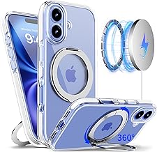 Funda magnética para iPhone 16 con soporte giratorio de 360 grados [compatible con MagSafe] [protección de grado militar] [tira desmontable] Funda delgada antiamarillamiento para iPhone 16