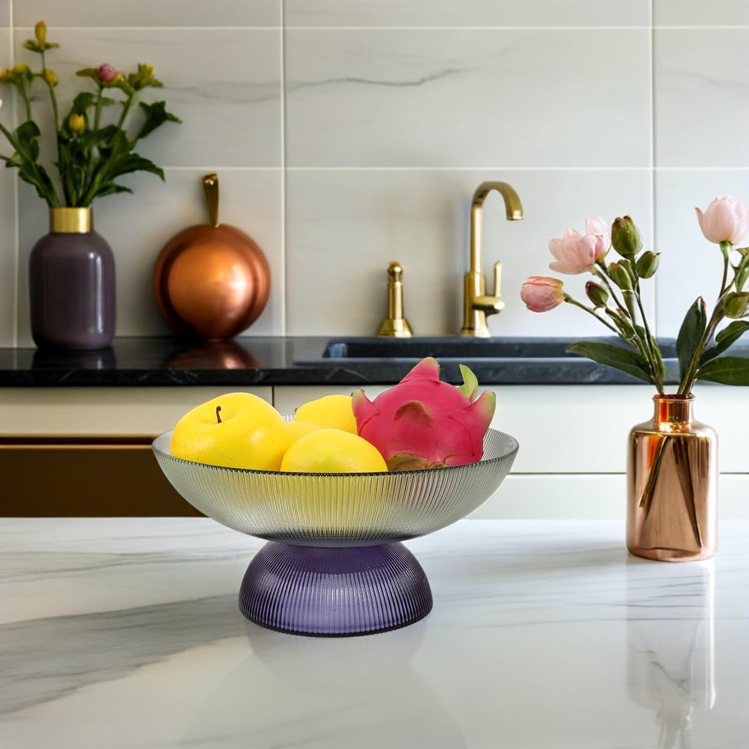 BESTOYARD Glass Fruit Plate with Pedestal Small Serving Tray Glass Fruit Bowl Decorative Stand for Living Room Coffee Table and Home Entertaining