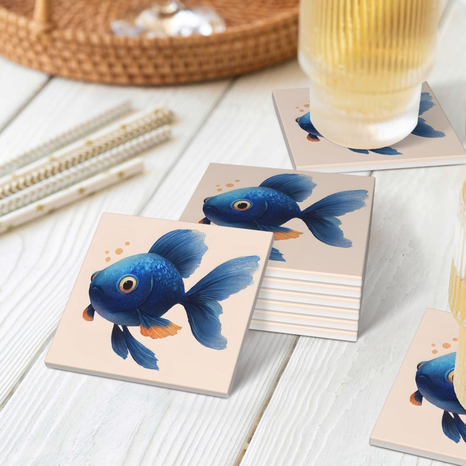 (Cute Blue Fish) Ceramic Coasters Set of 6 with Holder Non-Slip Square Coffee Coasters for for Cup Mug Drink Patio Coffee Table Decor, Christmas Coasters Home Bar Supplies
