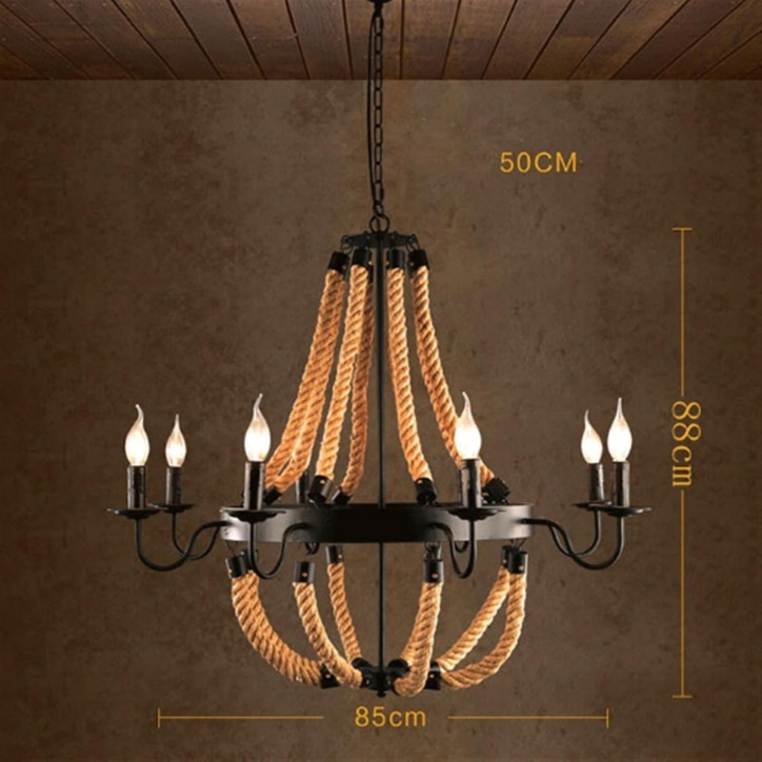 33.5" Large Hemp Rope Chandelier, Industrial Farmhouse Candle Hanging Lamp Vintage Nautical Light Fixture for High Ceiling Dining Room, Foyer, Living Room