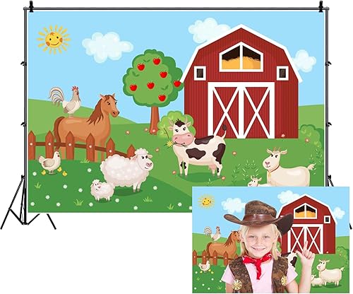 Renaiss Telón de fondo de granja de dibujos animados de 5 x 3 pies, granero rojo, manzanos, lindos animales de granja, vaca, oveja, caballo, hierba