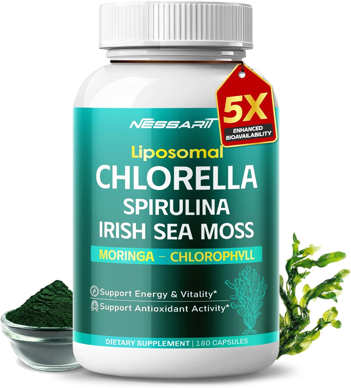 Chlorella, Spirulina, Irish Sea Moss, Moringa & Chlorophyll – Support Energy, Vitality & Antioxidants – 180 Capsules