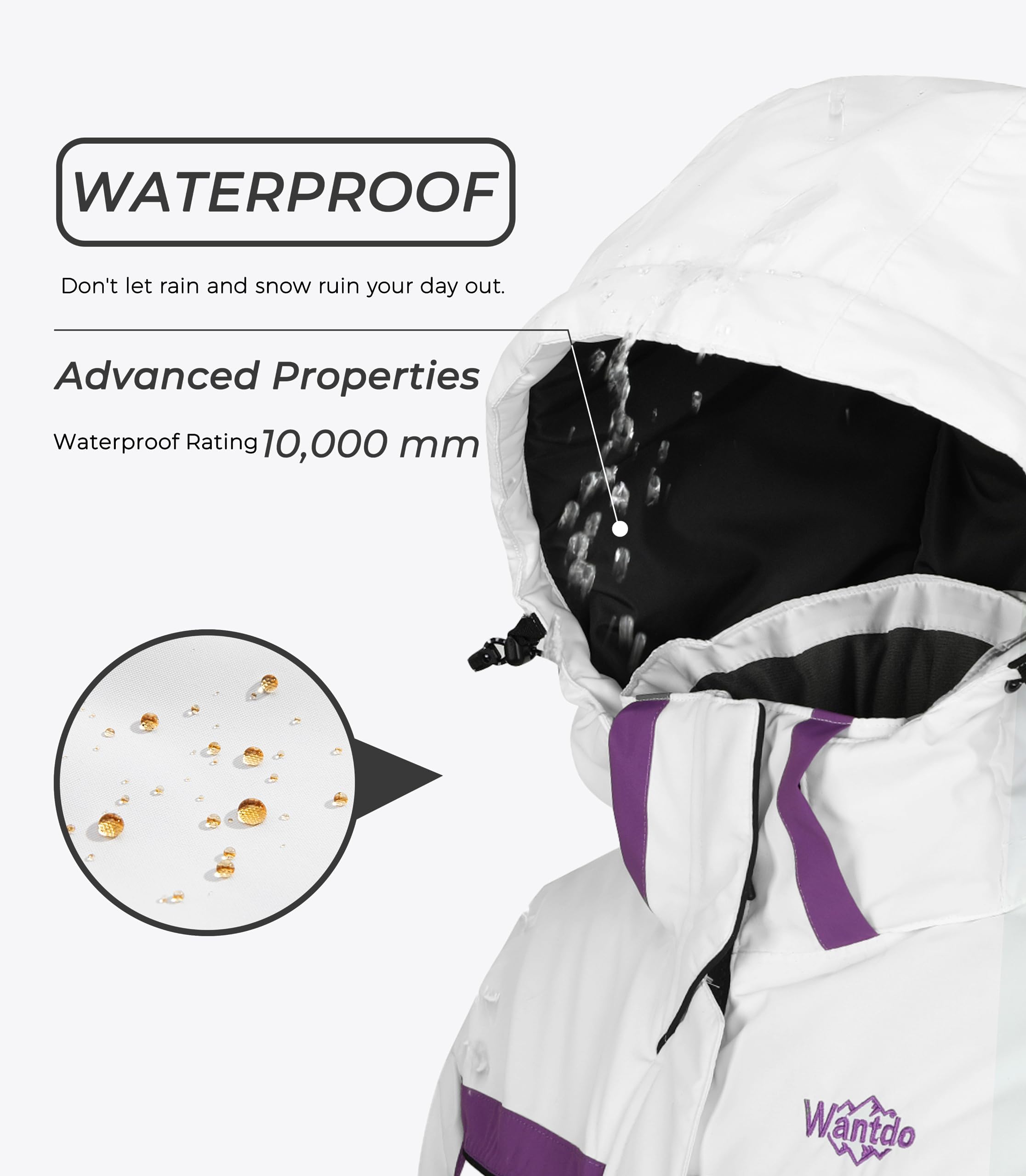 Wantdo Femme Veste de Ski Imperméable Outdoor Veste Coupe-Vent Manteau d'hiver Chaud avec Capuche Amovible Veste Sport Randonnée Coupe-Vent