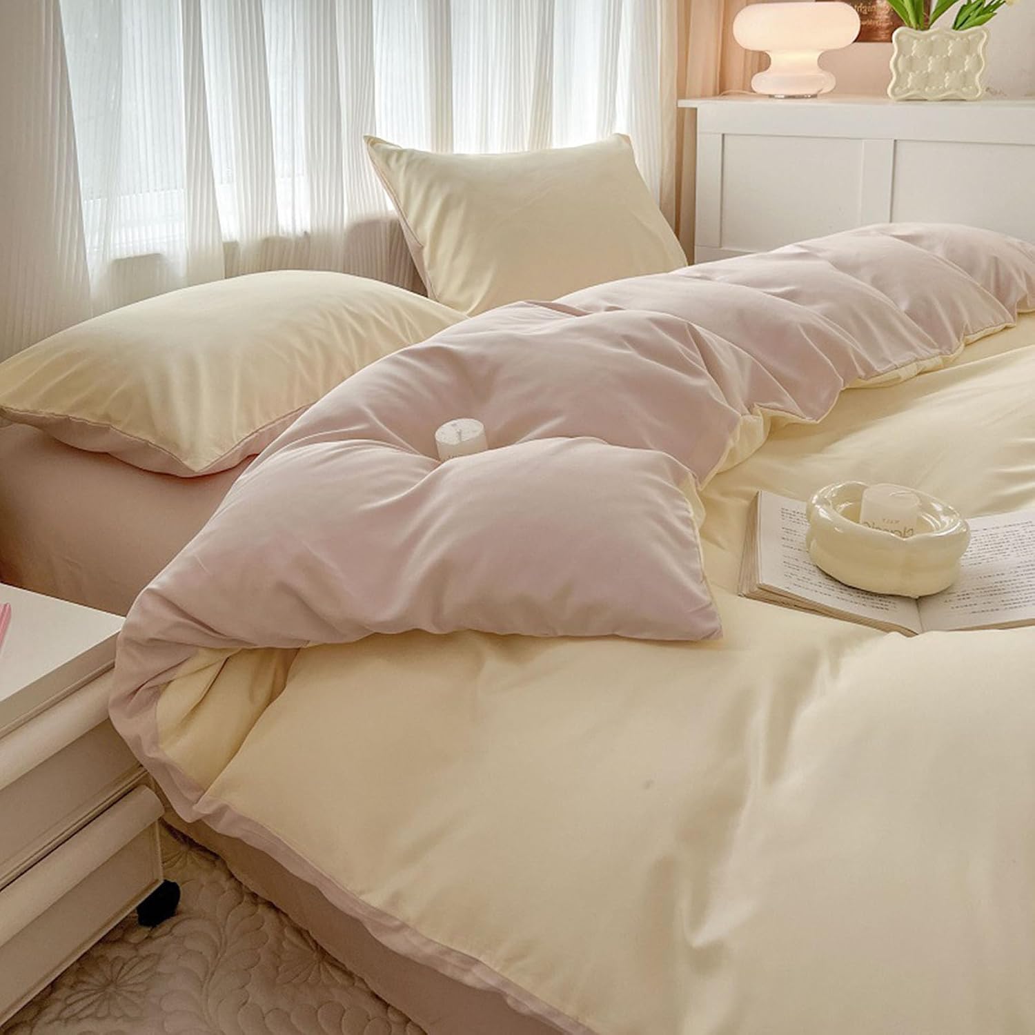 Simple Solid Color Queen Duvet Cover Set Comfort Sanded Cotton Bedding Set Luxury Soft Breathable Durable Comforter Cover with 2 Pillowcases No Comforter,Cream,Twin