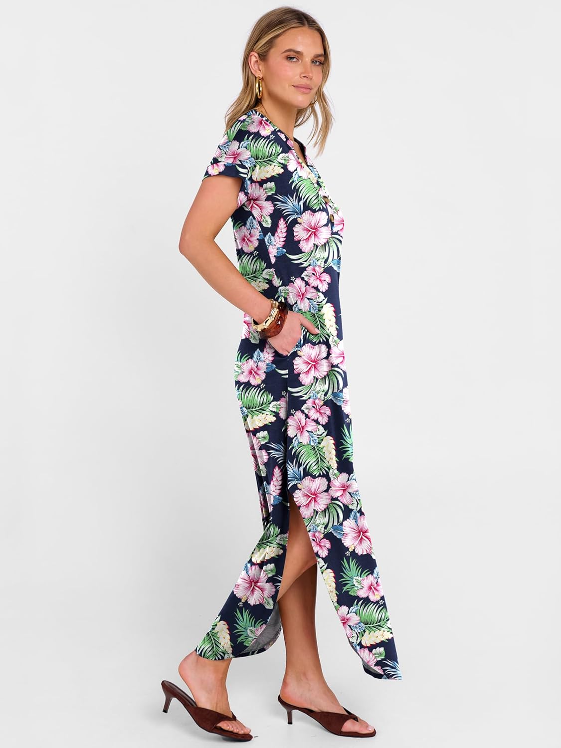 ANRABESS Women Summer Maxi Dress Casual Short Sleeve V Neck Button Up Loose Split Travel Dresses 2026 Beach Vacation Sundress - Image 5