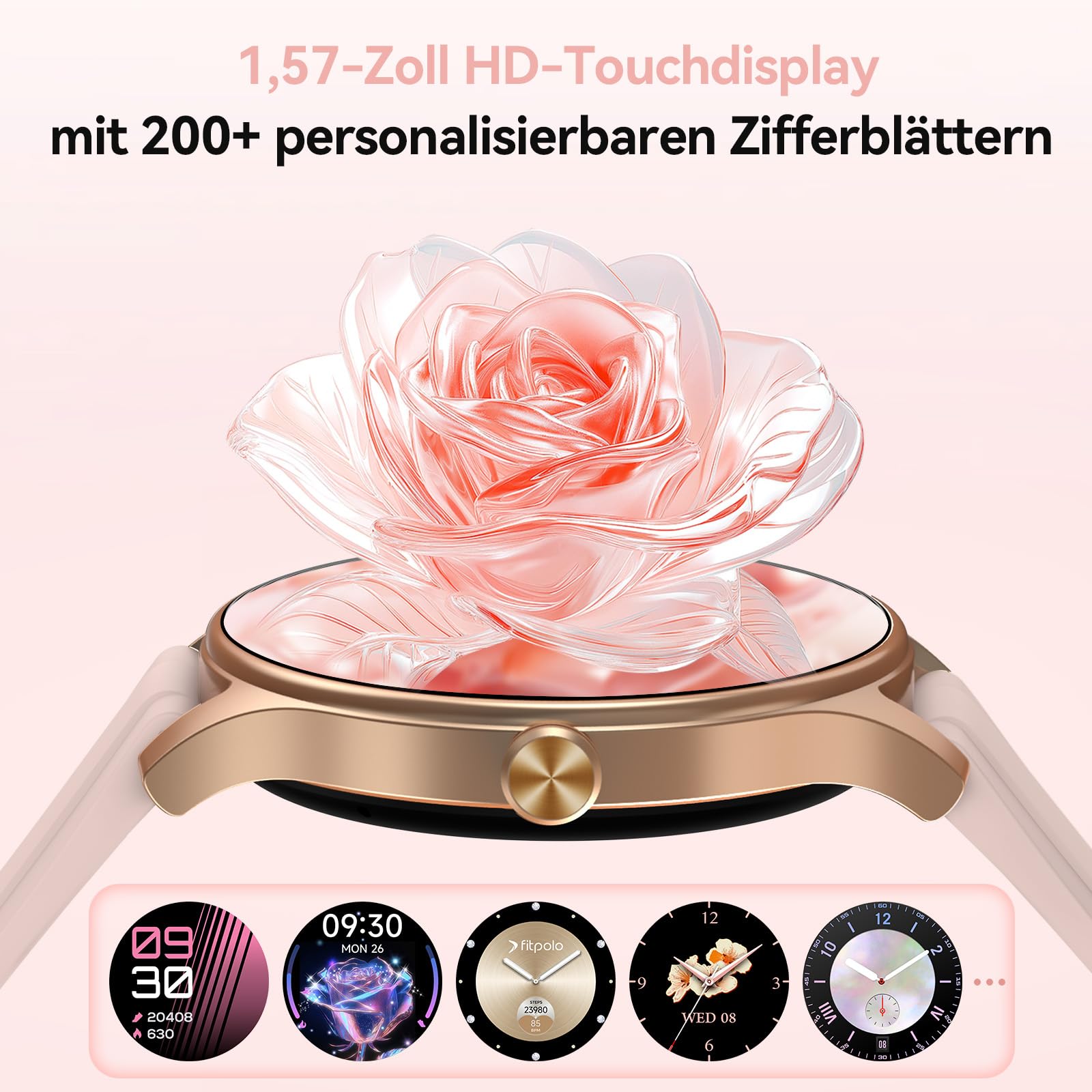 Smartwatch Damen Rund, 1.57" Smart Watch mit Telefonfunktion/Whatsapp, Fitness Tracker mit Herzfrequenz/Schlafmonitor, Fitnessuhr Damen 120+ Sportmodi 3ATM Wasserdicht, Uhr für Samsung/Android/iOS