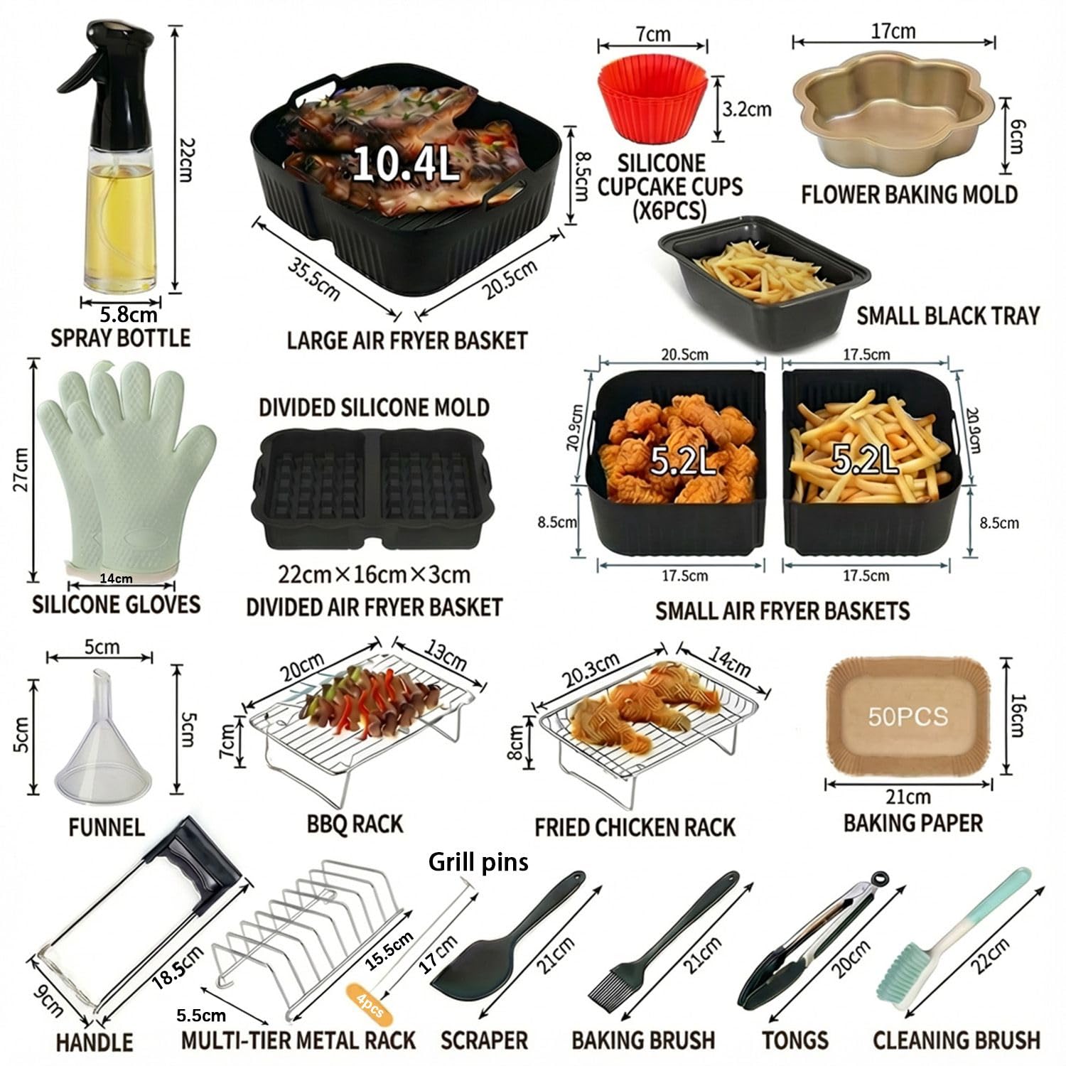 29 Piezas Set de Moldes de Silicona Reutilizables para Freidora de Aire - Accesorios Compatibles con Foodi 10.4L (AF500EU) y Cosori 10L, Bandejas Rectangulares para Hornear y Grillar