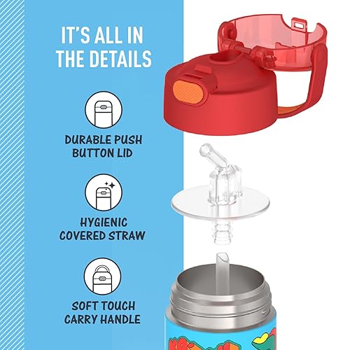 THERMOS FUNTAINER Water Bottle with Straw - 12 Ounce - Kids Stainless Steel Vacuum Insulated Water Bottle with Lid, Cars 4