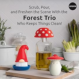 OTOTO Forest Trio Bundle of Beardy, Magic Mushroom, Fun Guy - Gnomes Dish Brush, Fungilicious Kitchen Funnel, Fridge Deodorizer, Mushroom Decor Cute Kitchen Accessories, Unique Mushroom Gnome Gifts