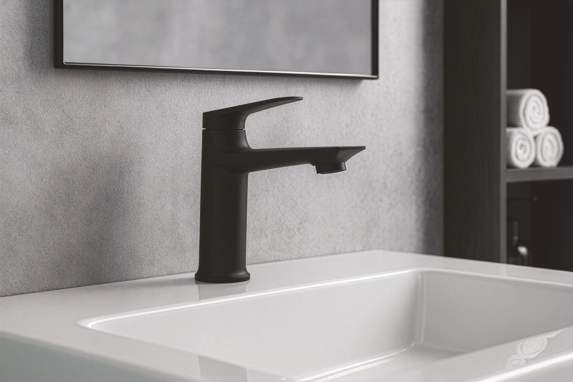 Grifo mezclador de lavabo - Talla S - Silueta limpiada - Mando ergonómico de metal - Cartucho de cerámica Ø30 mm - Flujo 5L/min - Negro - Diseño moderno - Acabado negro
