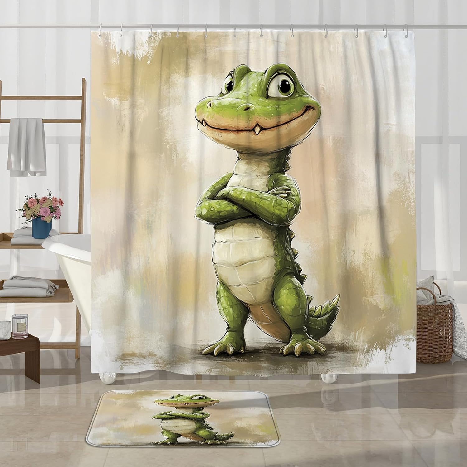 4PCS Cartoon Fun Crocodile Bathroom Sets, Bath Accessory with Non-Slip Rug, U Shape and Toilet Lid Cover Mat, Kid Alligator Anime Bathroom Decor-72''x72''