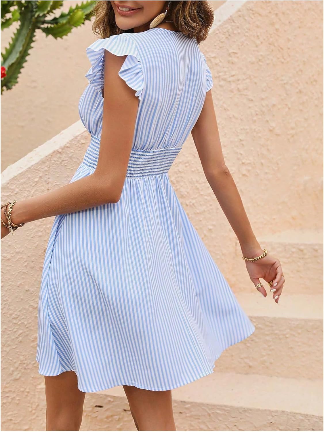 SOLY HUX Women's Summer Party Striped Dress Ruffle V Neck A Line Flowy Beach Mini Dresses - Image 3