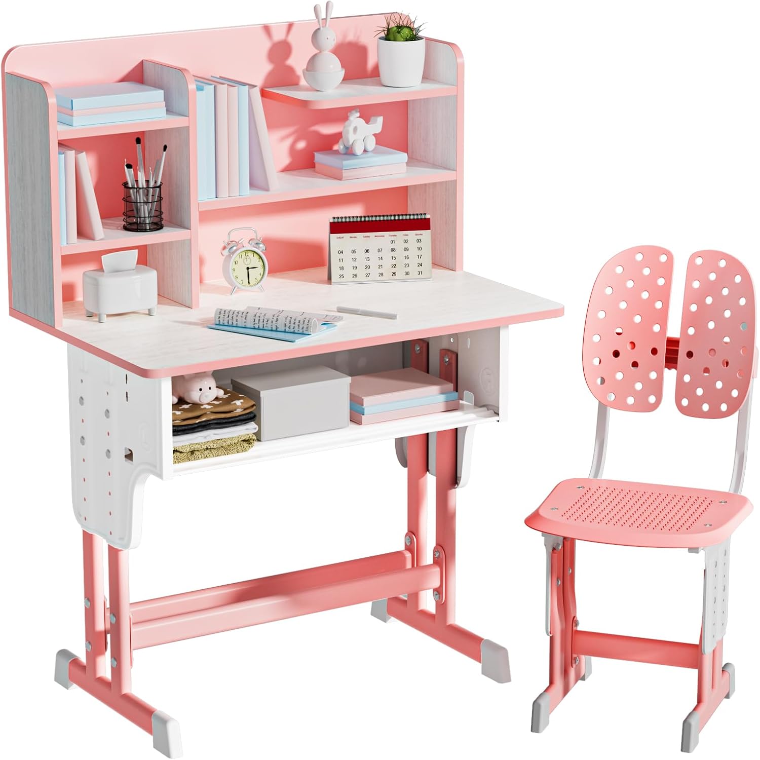 2025 New Update Kids Desk and Chair Set, Liftable School Leaning Table Chair Set with Drawer Design, 6 Partition Book Stand, Backpack Hook, Cup Holder, for Age 6-14 (Pink)
