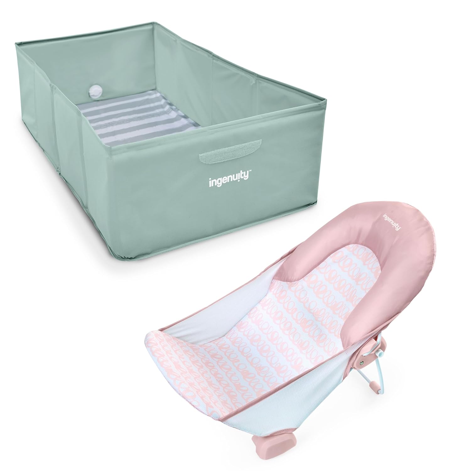 Ingenuity Tuckaway Toddler Folding Tub & Foldaway 2-Position Baby Bath Seat, Portable Bathtub for Travel, Adjustable Support for Sink or Shower, Easy to Clean, Ages 0-5 Years