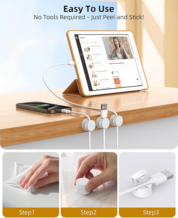 Inchor Cord Organizer, Rotatable Cable Organizer 8 Pack, No-Residue Adhesive Spring Cable Clips, Cord Holder for Nightstand, Kitchen, Office Accessories and Car (White)
