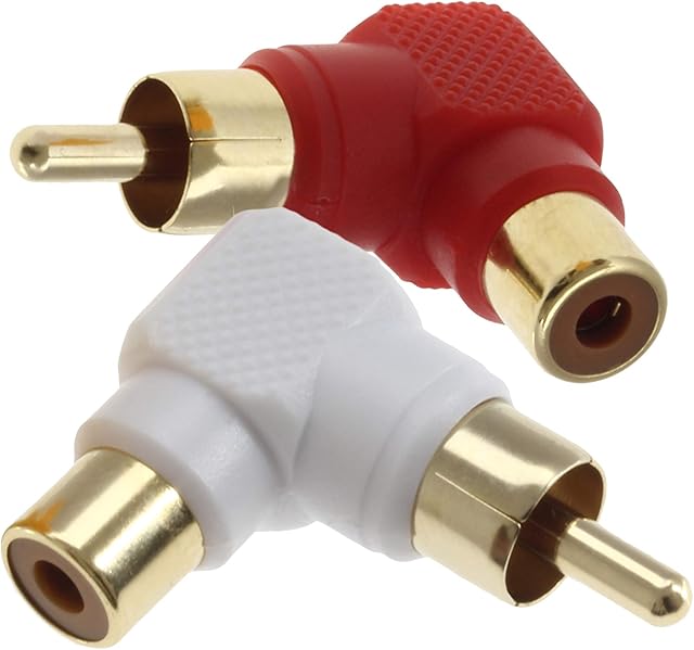 1STec Pair of Right Angled 90° Degree Gold Plated RCA Phono Elbow Type Adaptor for Angle Changing Stereo Audio or AV Video Cable Leads Male to Female or Plug to Socket Connectors (Red + White)